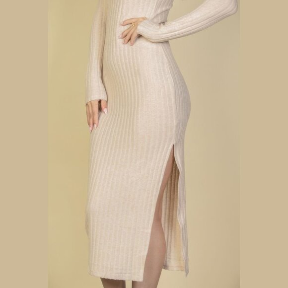 Sweater-knit Fuzzy Turtle Neck Split Thigh Dress - Picture 3 of 3